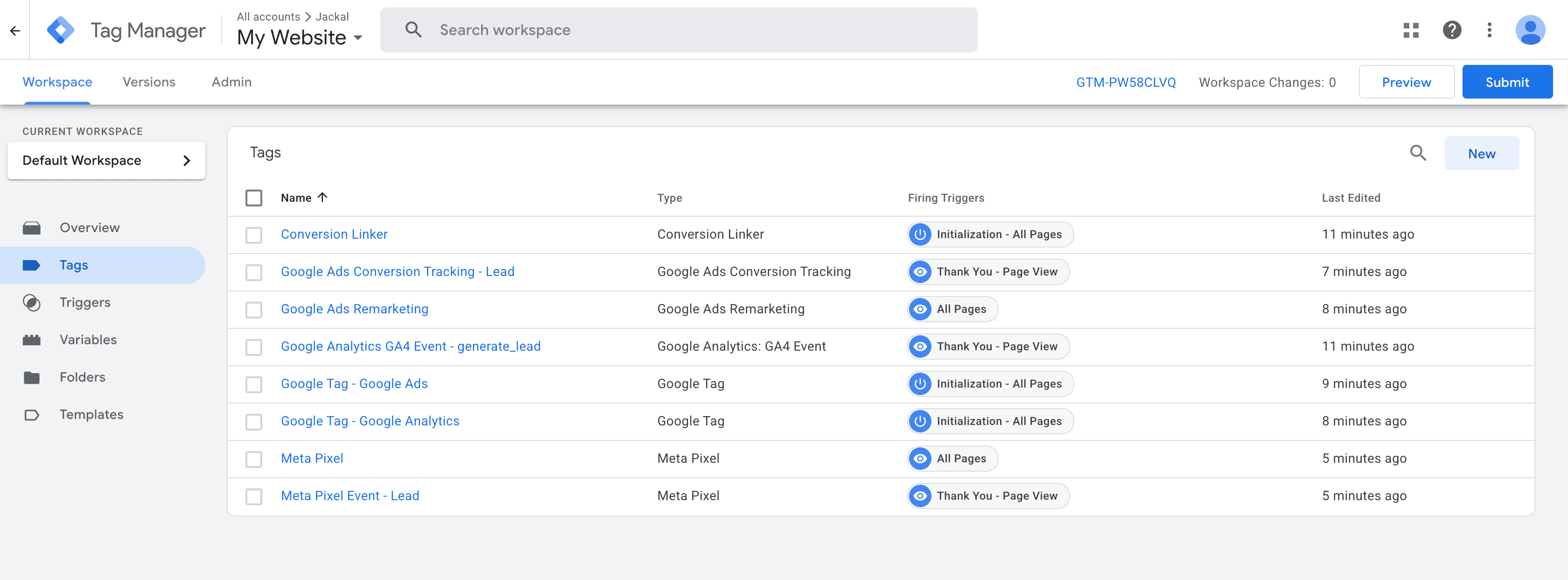 ממשק Google Tag Manager — רשימת התגיות (Tags) בסביבת העבודה